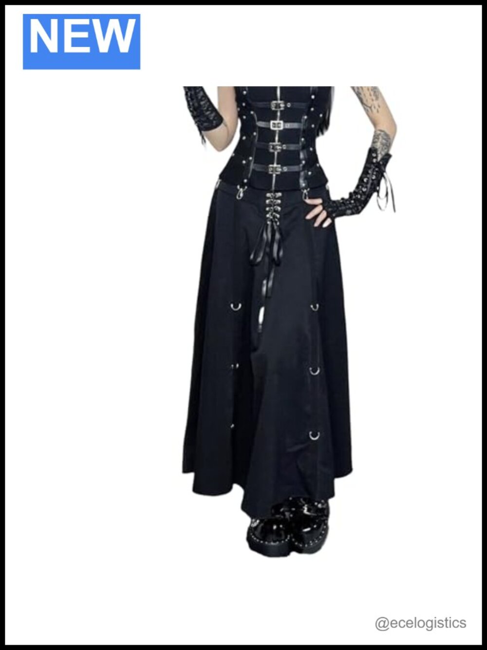 Goth Maxi Skirt Flare High Waist Punk Steampunk Grunge Faux Leather